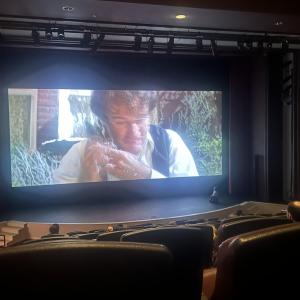 interior of movie theater showing actor Robin Williams on the screen