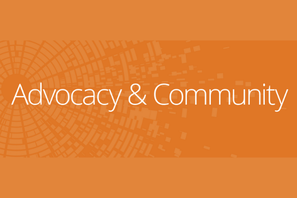 Advocacy and Community on orange background