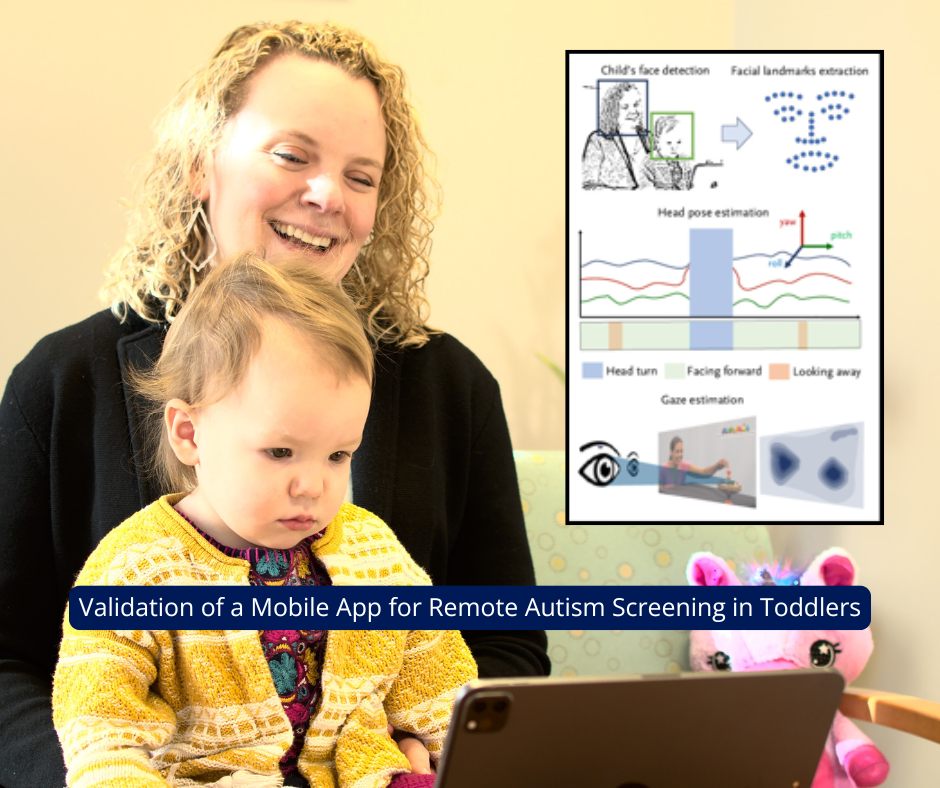 Woman sits with child watching a tablet screen. Data visualization is overlayed on the image.