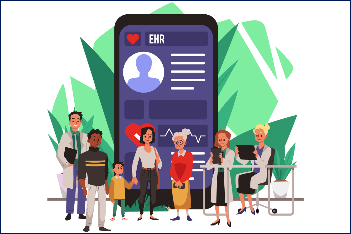 Cartoon image of several people standing and sitting in front of a large mobile phone with a heart icon