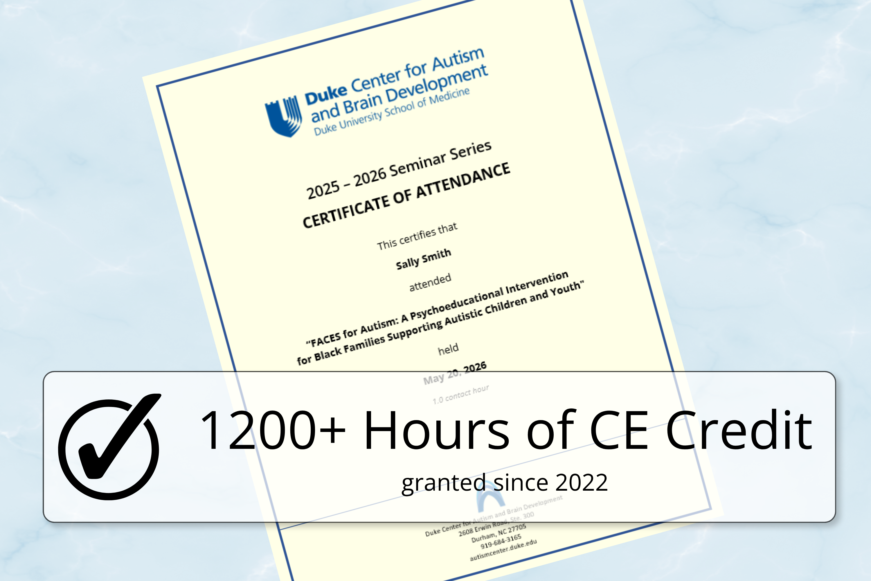 Example of a CE certificate with a graphic stating "1200+ hours of CE credit granted since 2022