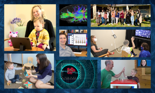 A collage of various children and researchers in lab settings