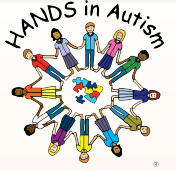 Graphic showing diverse kids holding hands around a puzzle piece with the Hands in Autism title on top