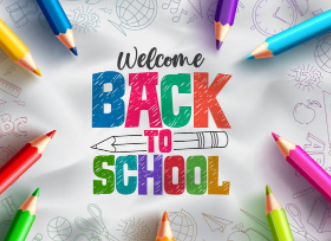 Colorful words Welcome Back to School surrounded by colored pencils