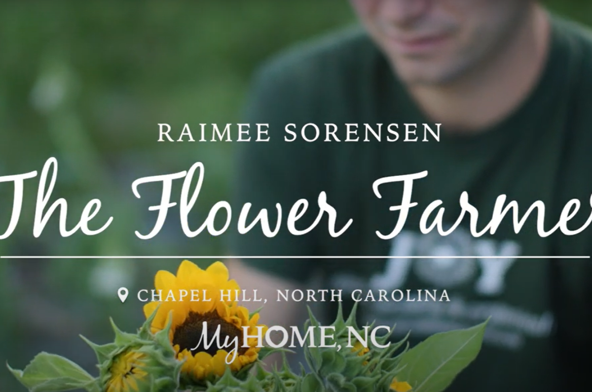 Raimee Sorensen holding a sunflower. text reads "The Flower Farmer"