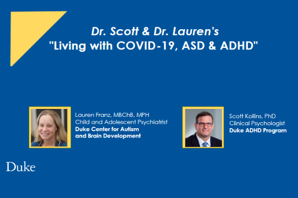 Living with COVID Video title slide with photo of Lauren Franz and Scott Kollins