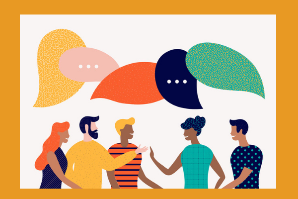 Graphic showing people with conversation bubbles overhead