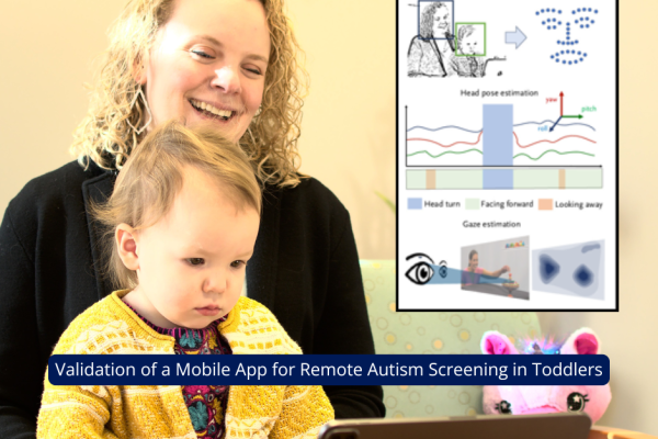 Woman sits with child watching a tablet screen. Data visualization is overlayed on the image.