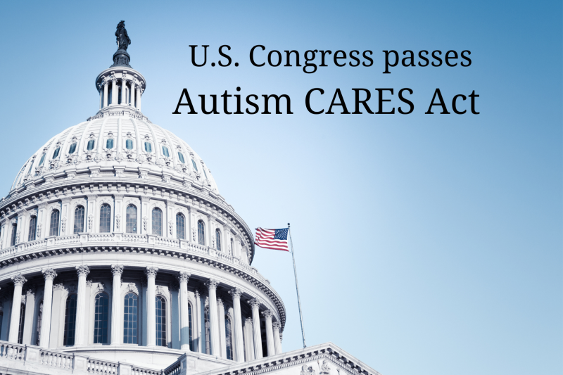 US Capitol building with text "US Congress passes Autism Cares Act"