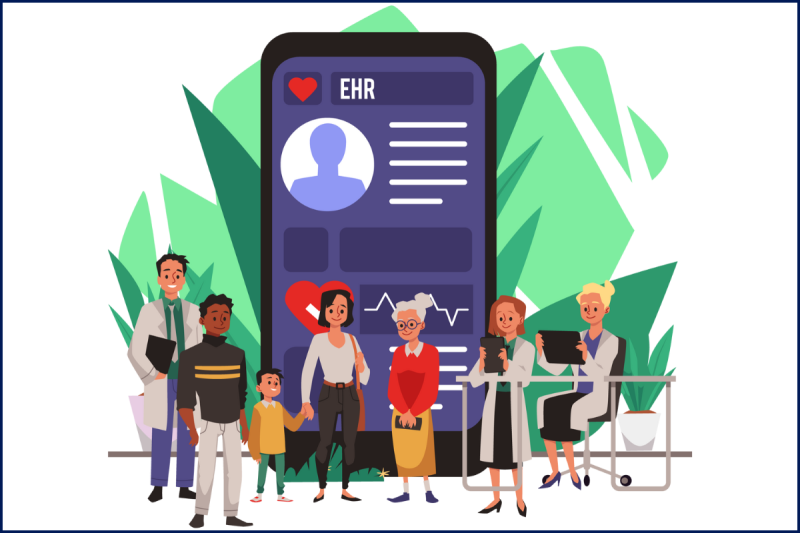 Cartoon image of several people standing and sitting in front of a large mobile phone with a heart icon