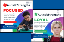 graphics of autistic strengths, focused and loyal