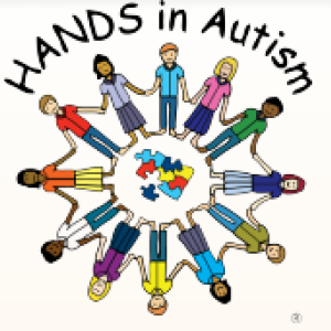 Graphic showing diverse kids holding hands around a puzzle piece with the Hands in Autism title on top