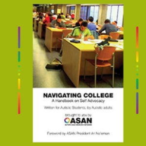 Navigating College book cover showing kids in library or class studying