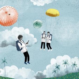 Illustration by Natalie Nelson of people dressed in lab coats parachuting into a tropical landscape