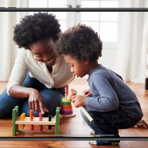 stock photo of woman and child playing with a toy
