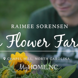 Raimee Sorensen holding a sunflower. text reads "The Flower Farmer"
