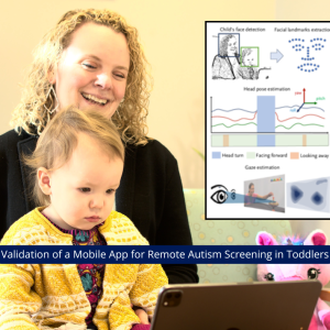Woman sits with child watching a tablet screen. Data visualization is overlayed on the image.